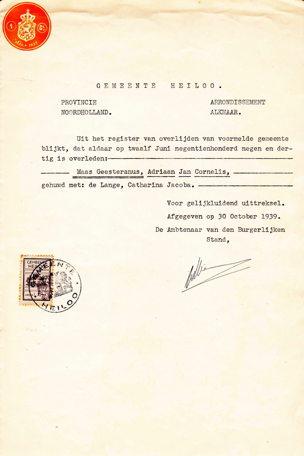 Uittreksel overlijdensregister (30-10-1939) Adriaan Jan Cornelis MG (1862-1939)